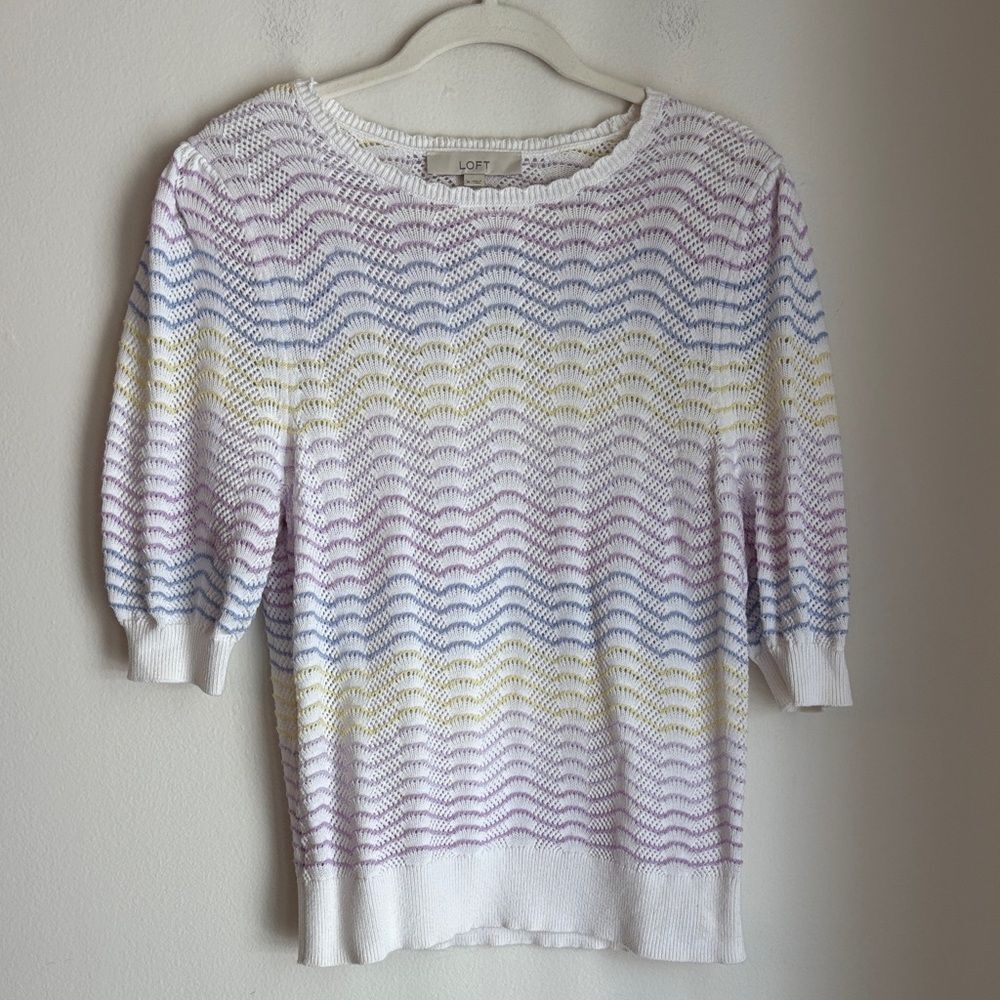 LOFT Striped Pointelle Puff Sleeve Sweater Tee knit Women Pastel Wave Sweater M